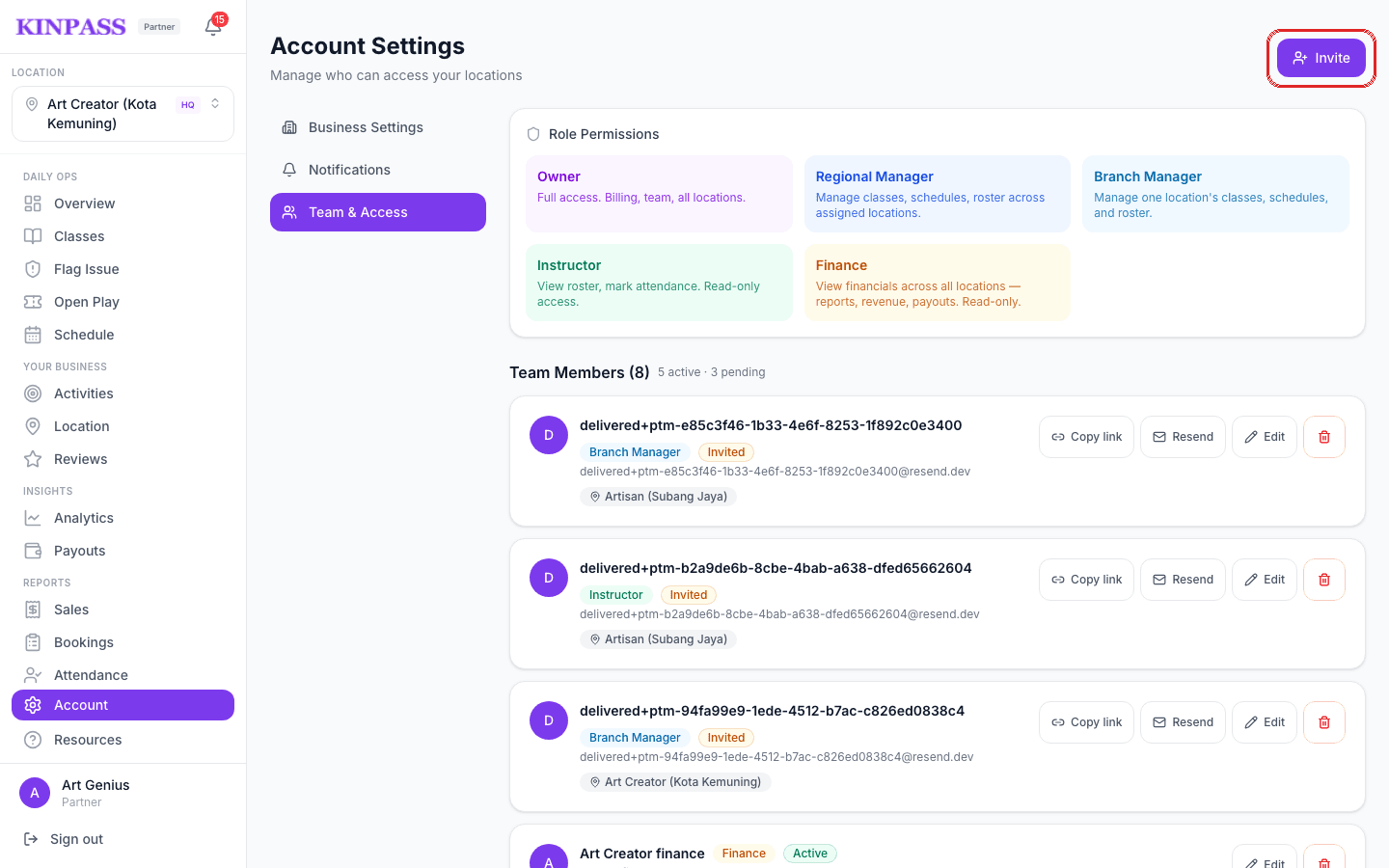 Account settings Team & Access page with roles and the Invite button boxed in red