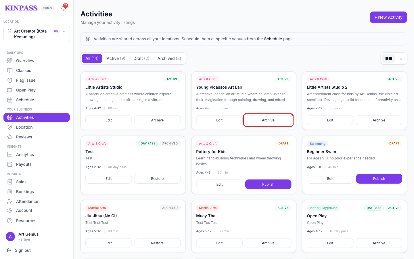Activities page with the Archive button on an active activity card boxed in red