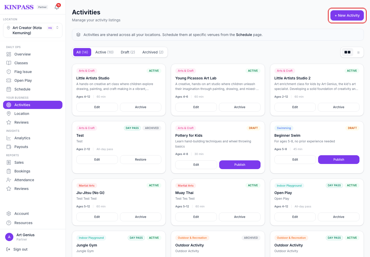 Activities page listing activity cards by status, with the New Activity button boxed in red