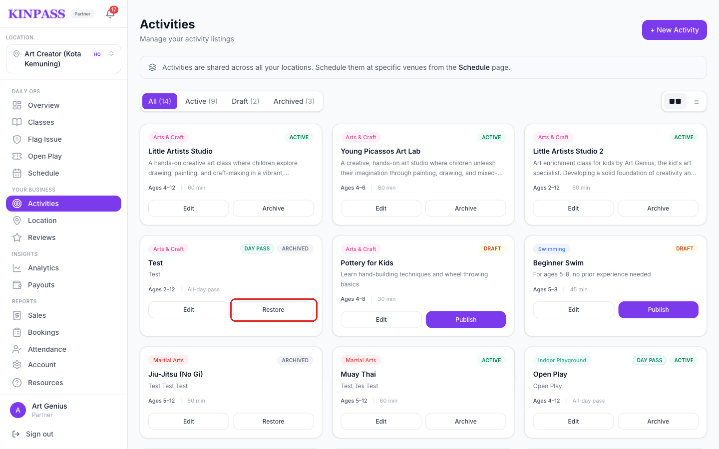 Activities page with the Restore button on an archived activity card boxed in red