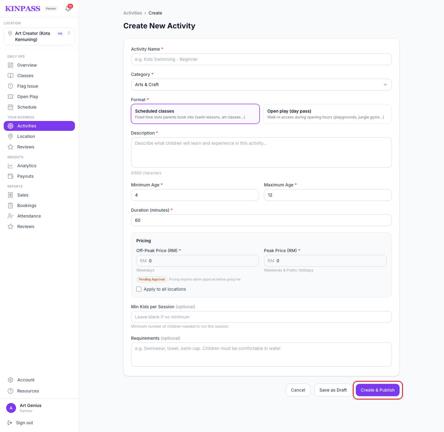 Create New Activity form with pricing fields showing a Pending Approval badge, and the Create & Publish button boxed in red