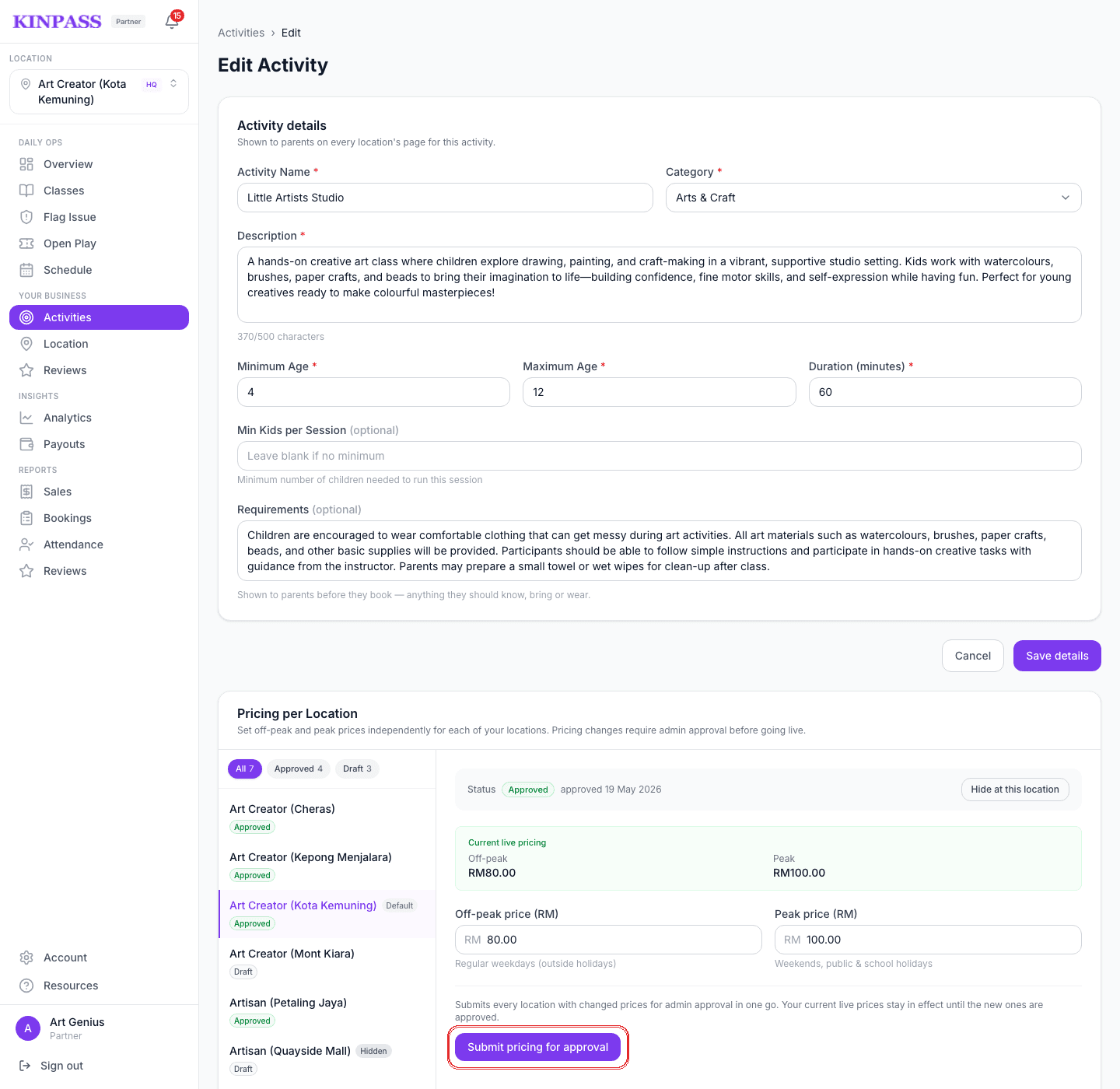 Edit Activity page showing per-location pricing status and the Submit pricing for approval button boxed in red