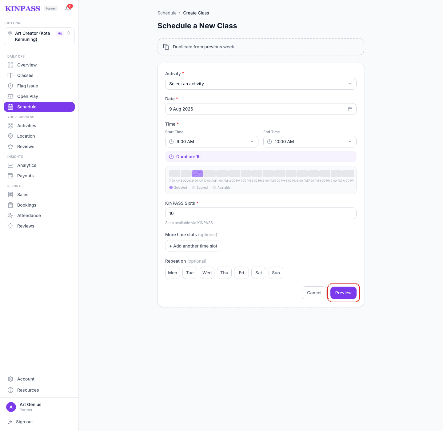 Schedule a New Class form with activity, date, time, and slots fields, and the Preview button boxed in red