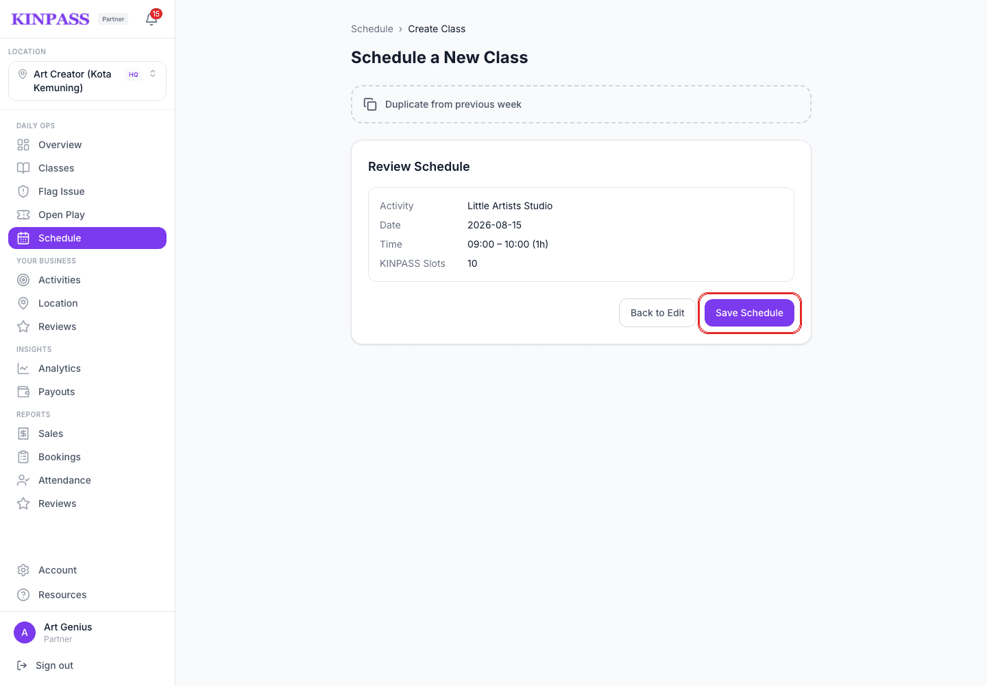 Review Schedule screen with class details and the Save Schedule button boxed in red