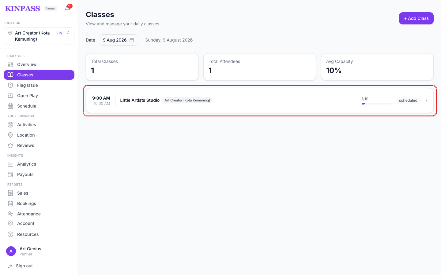 Classes page with a class row boxed in red