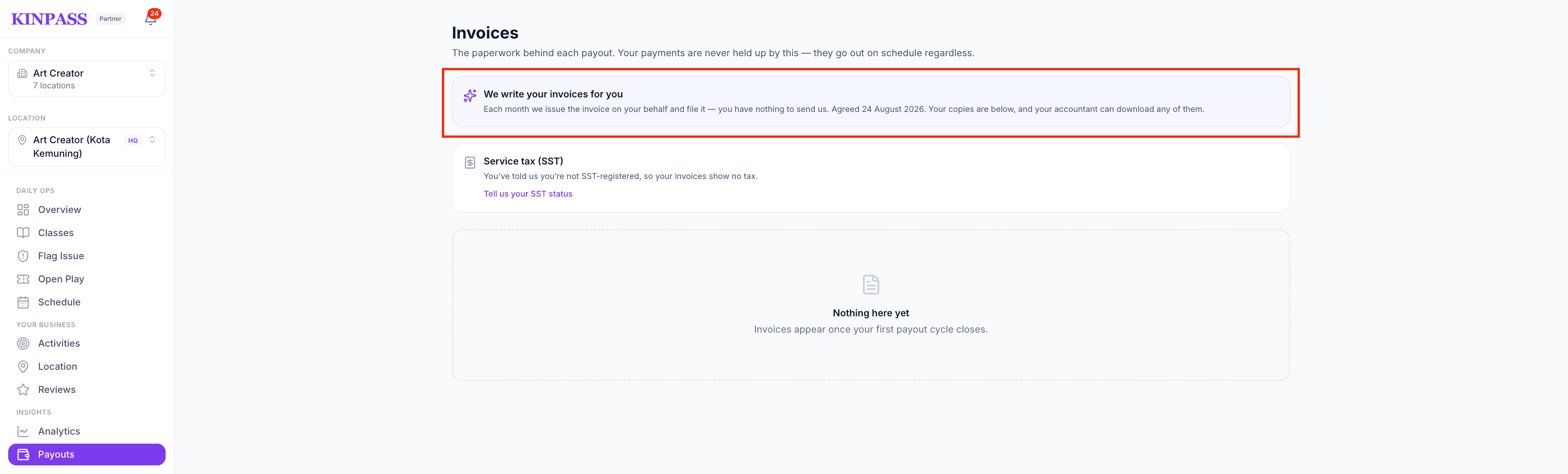 Invoices page confirming KINPASS writes and files the invoice on the partner's behalf
