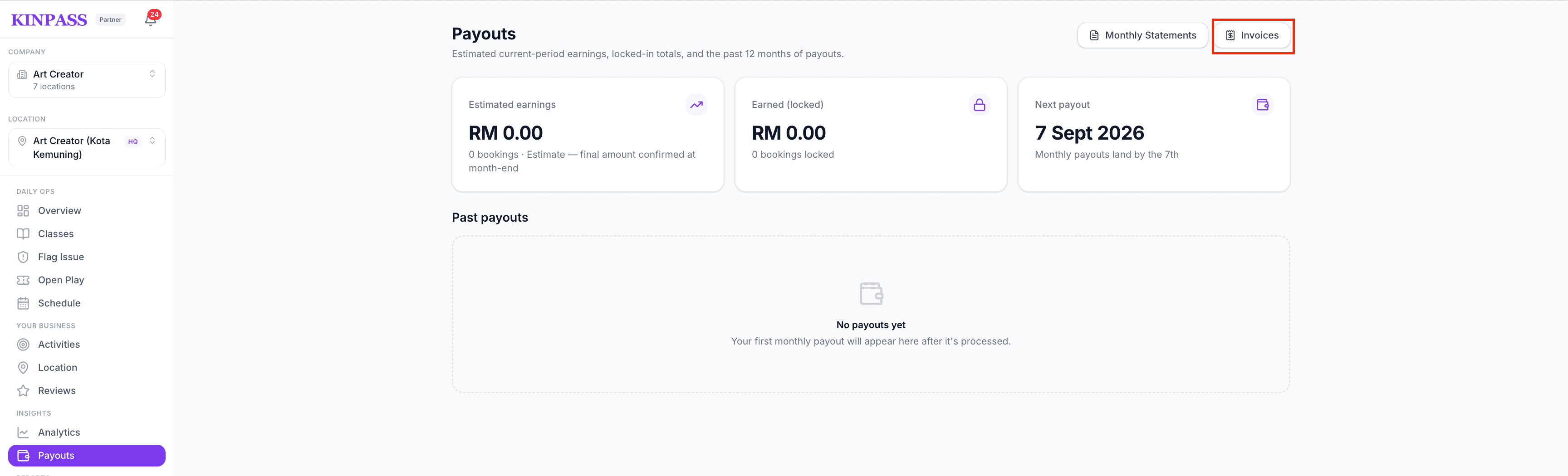 Payouts page with the Invoices button boxed in red