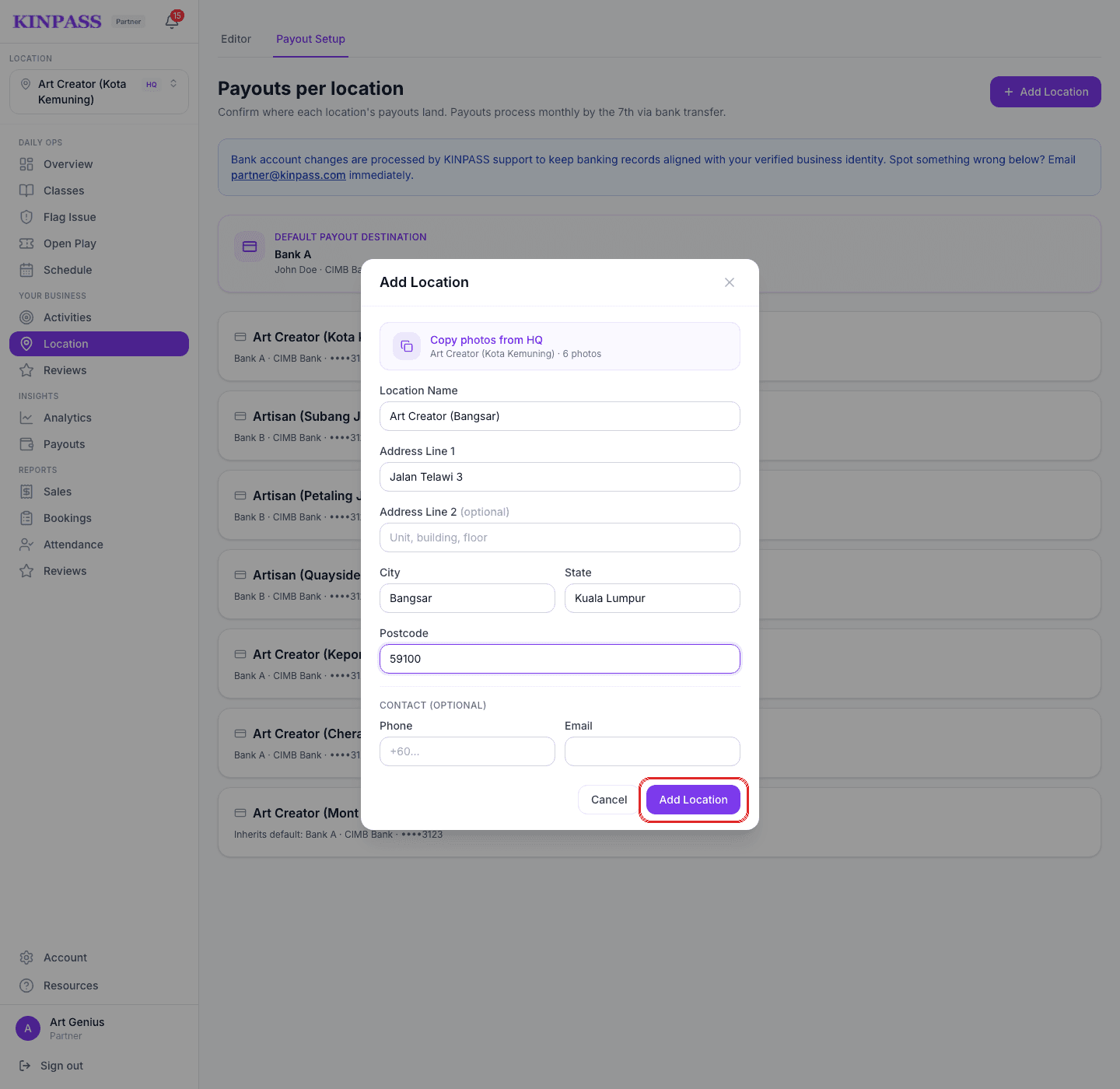 Add Location form filled in with name and address, and the Add Location button boxed in red