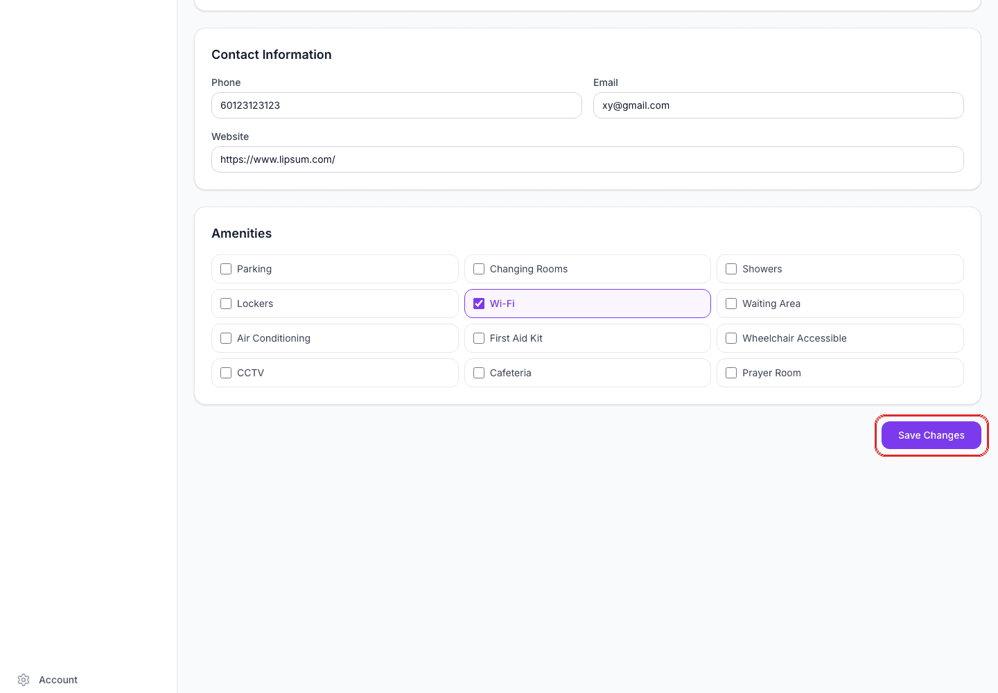 Contact Information and Amenities sections with the Save Changes button boxed in red