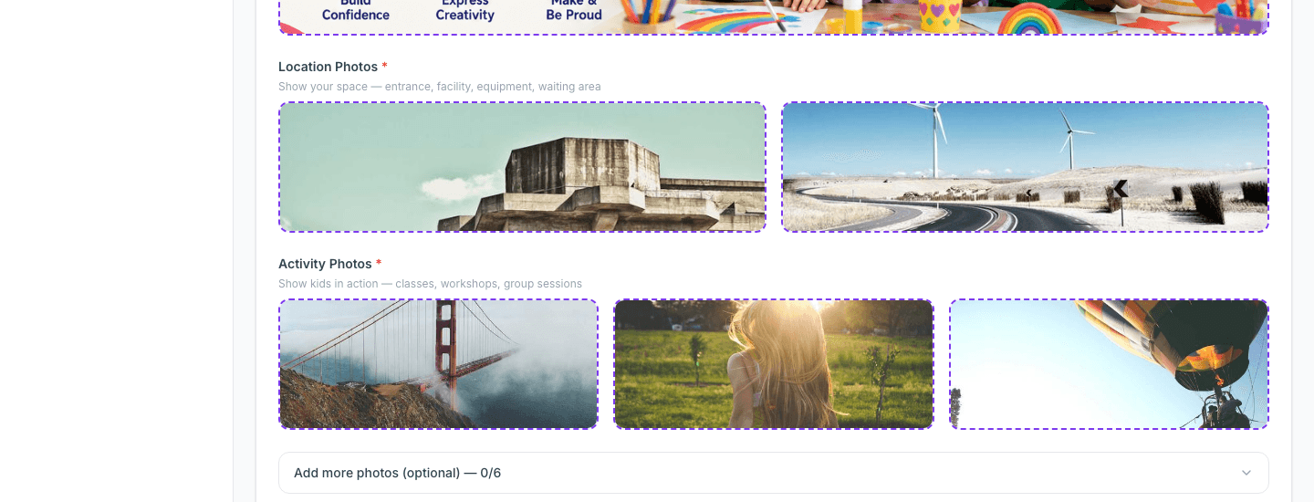 Location Photos and Activity Photos upload sections