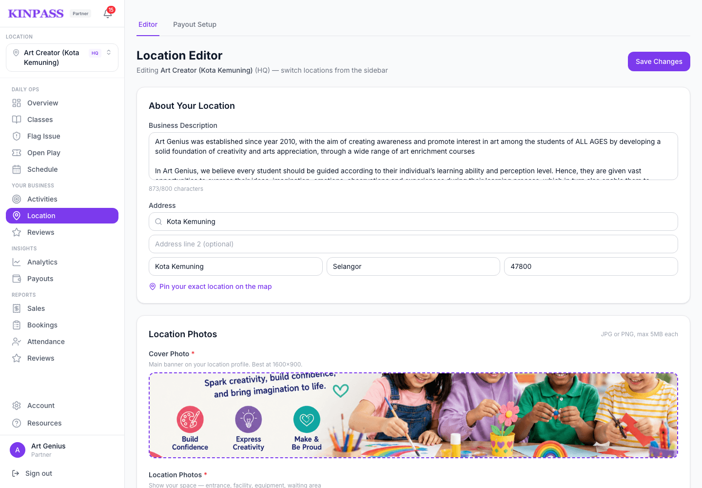 Location Editor page with business description and address fields