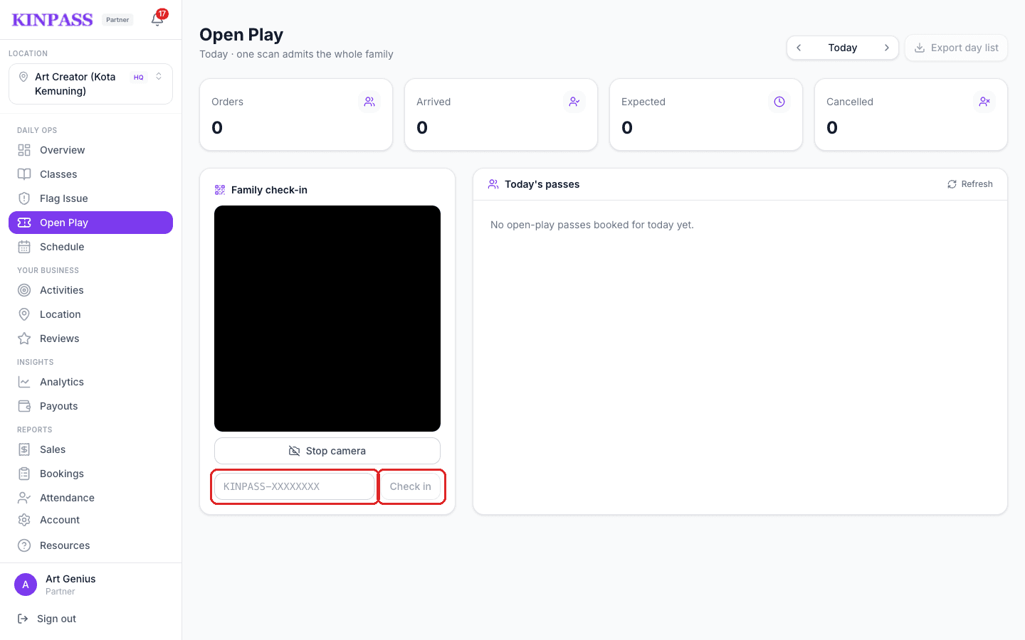 Open Play page with the check-in code field and the Check in button boxed in red