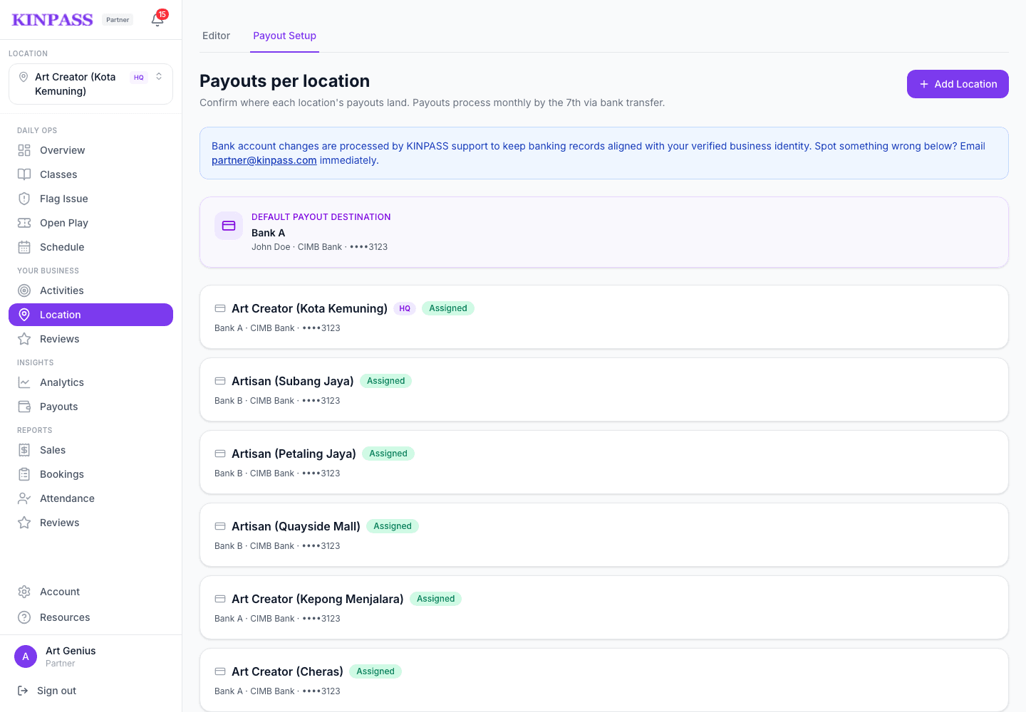 Payout Setup tab showing the default payout destination and each location's assigned bank account