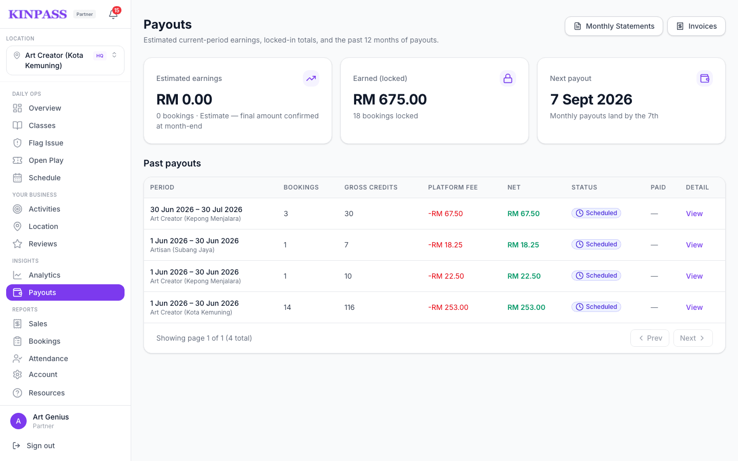 Payouts page showing estimated earnings, locked earnings, next payout date, and past payouts table
