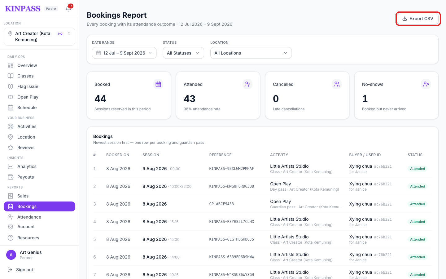 Bookings Report page showing booked, attended, cancelled, and no-show counts above a table of bookings, with the Export CSV button boxed in red