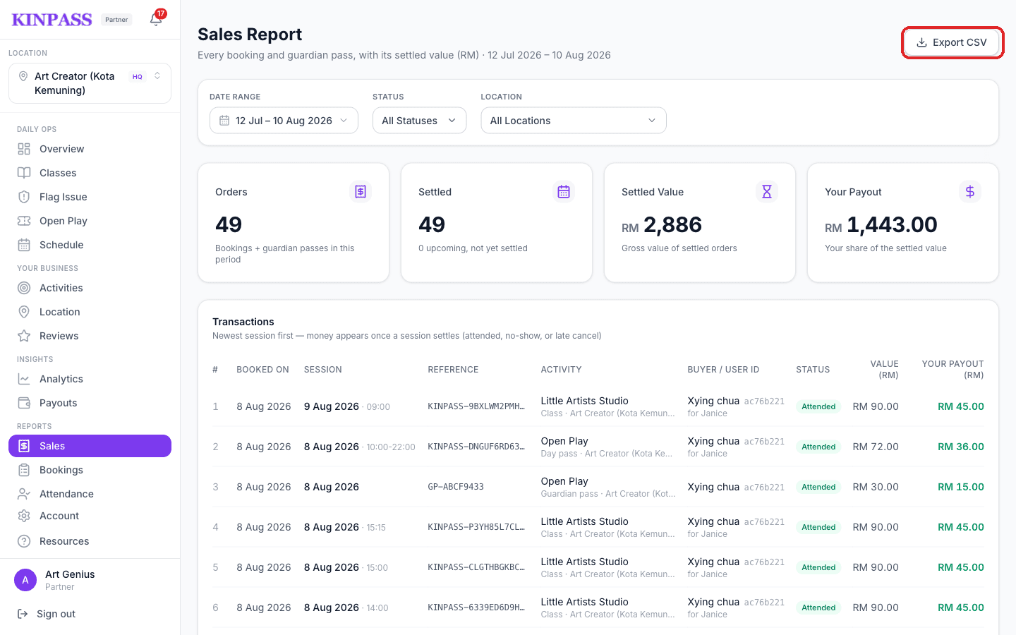 Sales Report page listing every transaction with its settled value, with the Export CSV button boxed in red