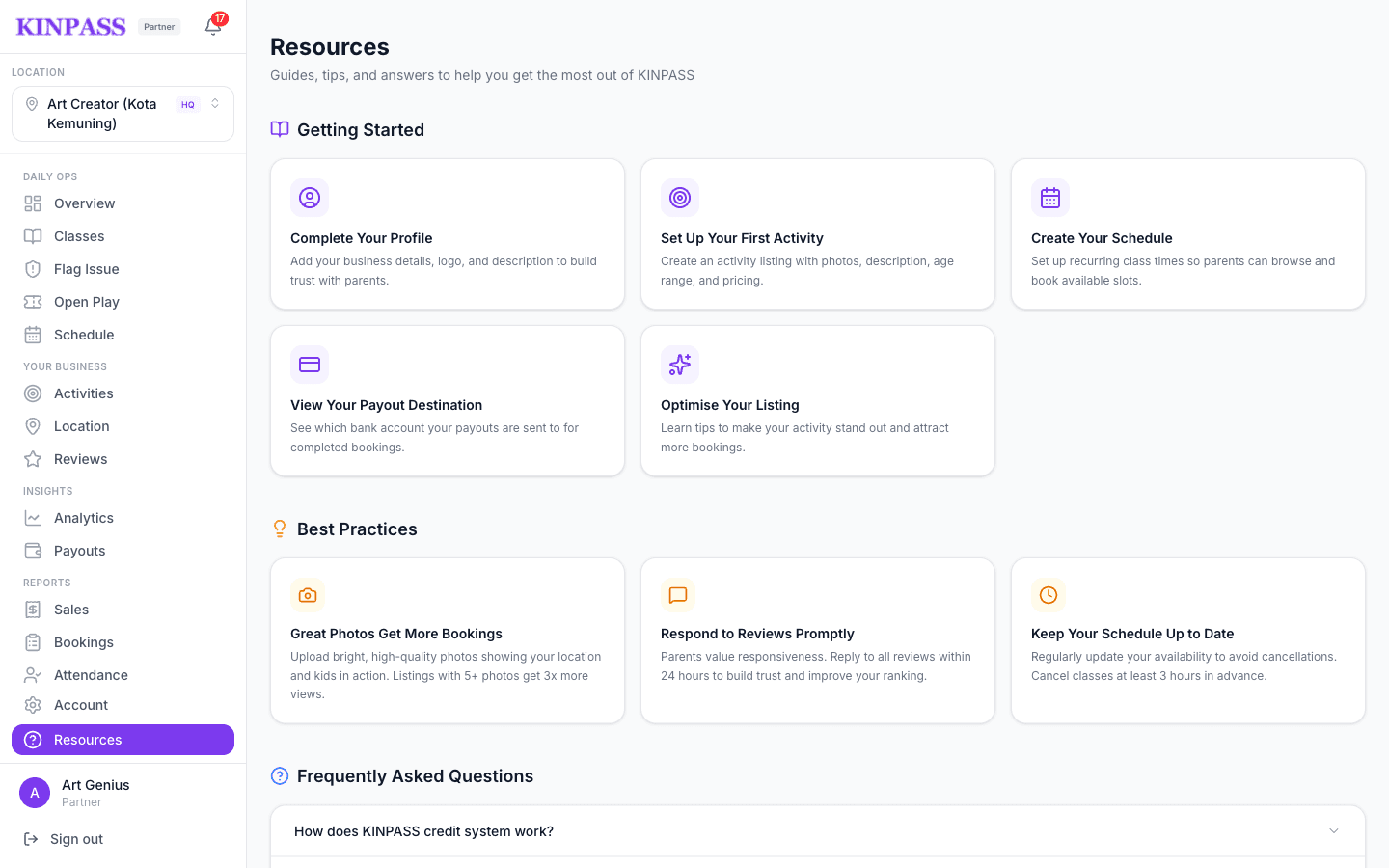 Resources page with getting started cards, best practices, and frequently asked questions
