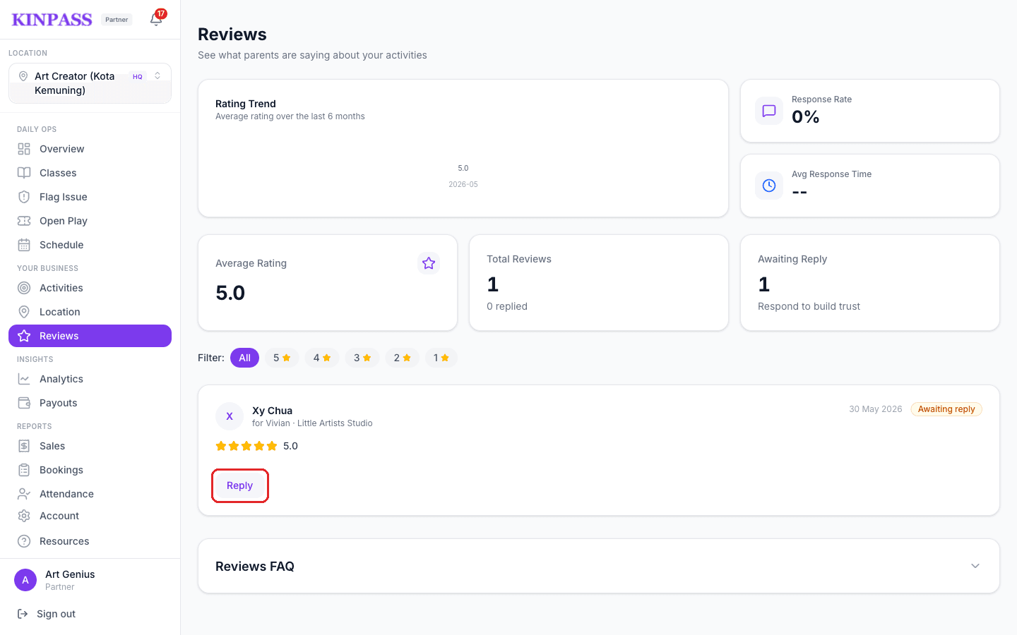 Reviews page showing a review marked Awaiting reply with the Reply button boxed in red