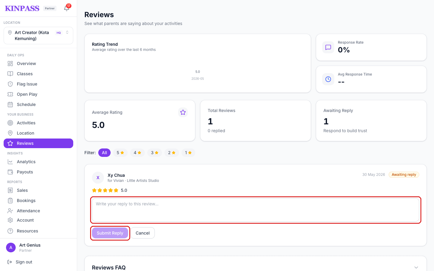 Reviews page with the reply text box and the Submit Reply button boxed in red