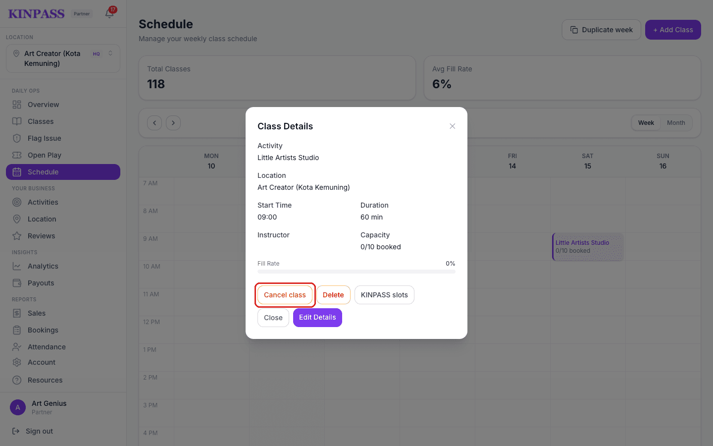 Class Details modal with the Cancel class button boxed in red