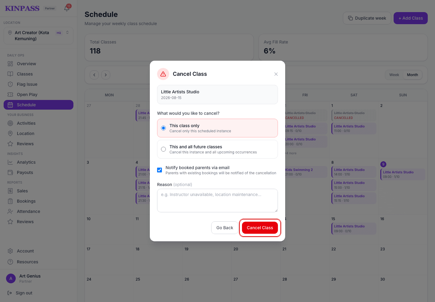Cancel Class dialog with scope options, a notify-parents checkbox, and the Cancel Class button boxed in red