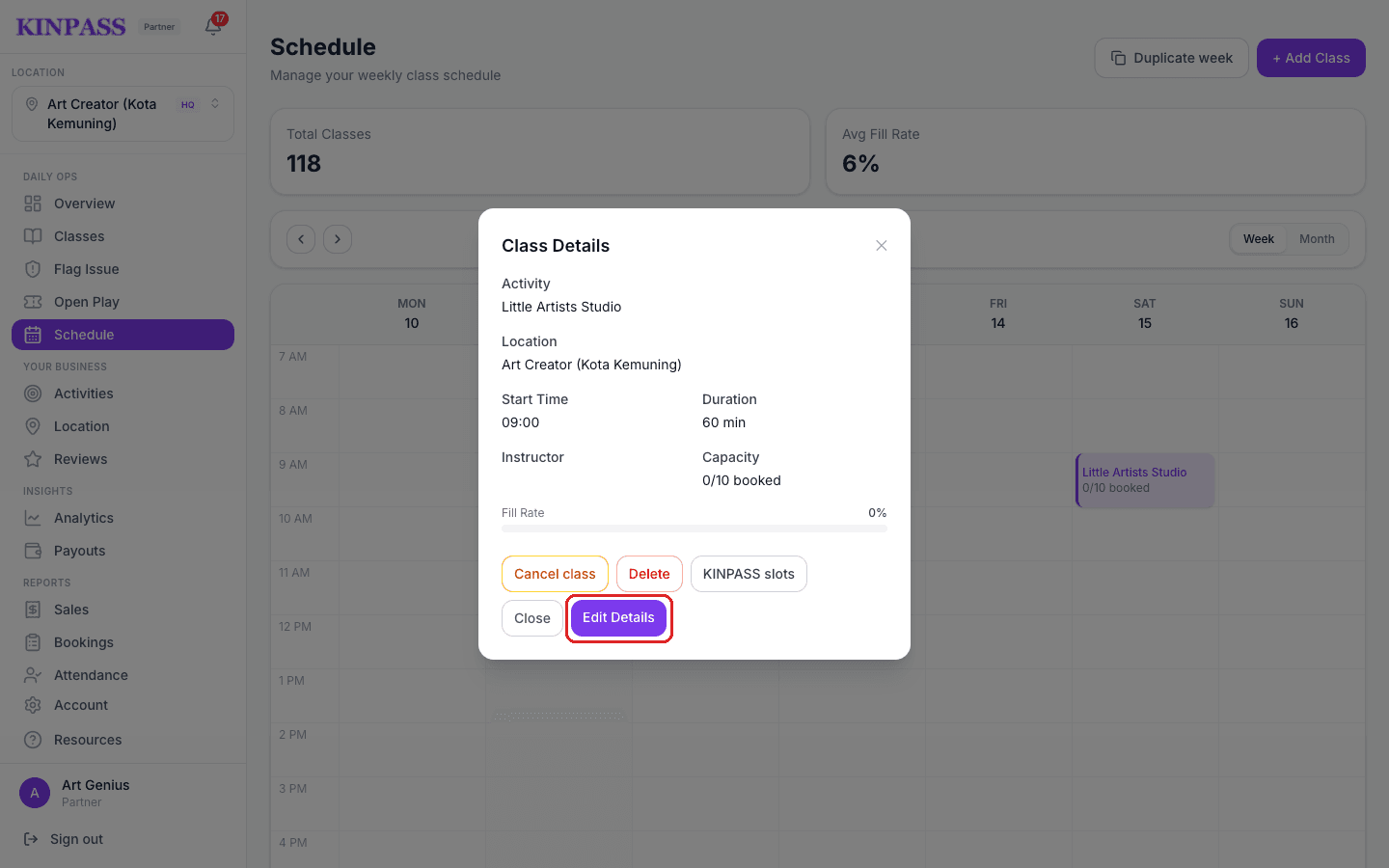 Class Details modal with the Edit Details button boxed in red