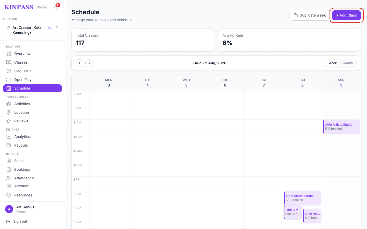 Schedule page showing a weekly calendar grid with the Add Class button boxed in red