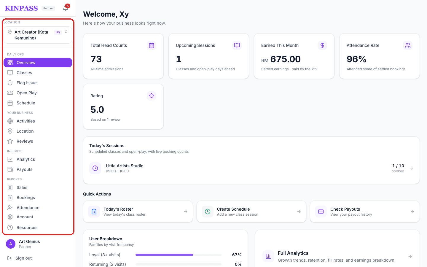Partner dashboard with the left sidebar navigation boxed in red