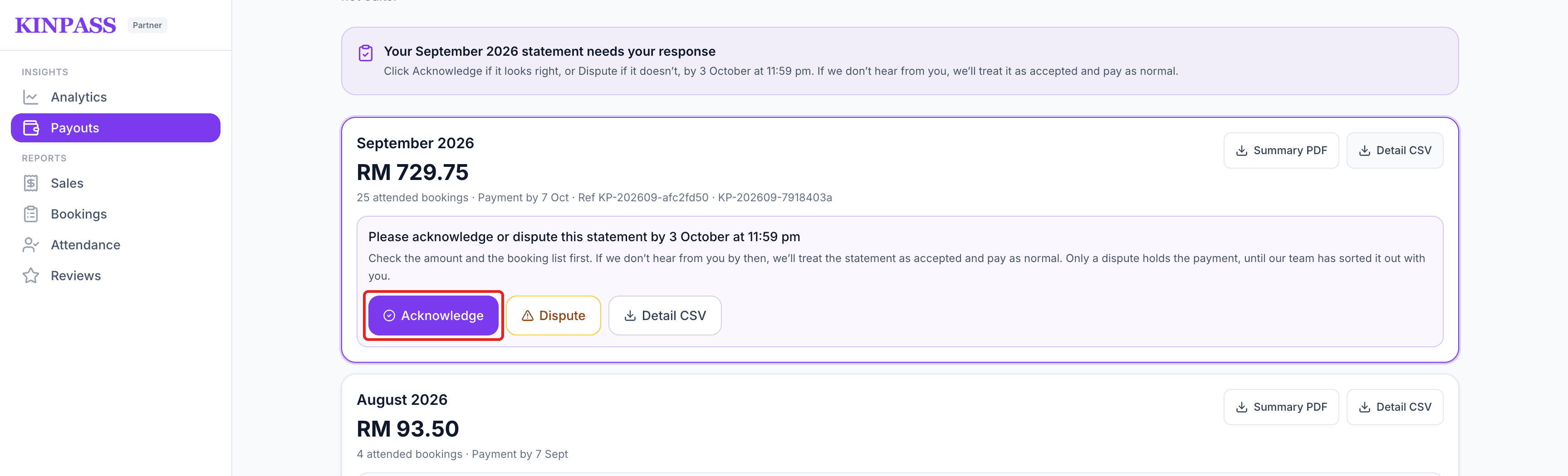 Statement card with the Acknowledge button boxed in red, next to Dispute and Detail CSV