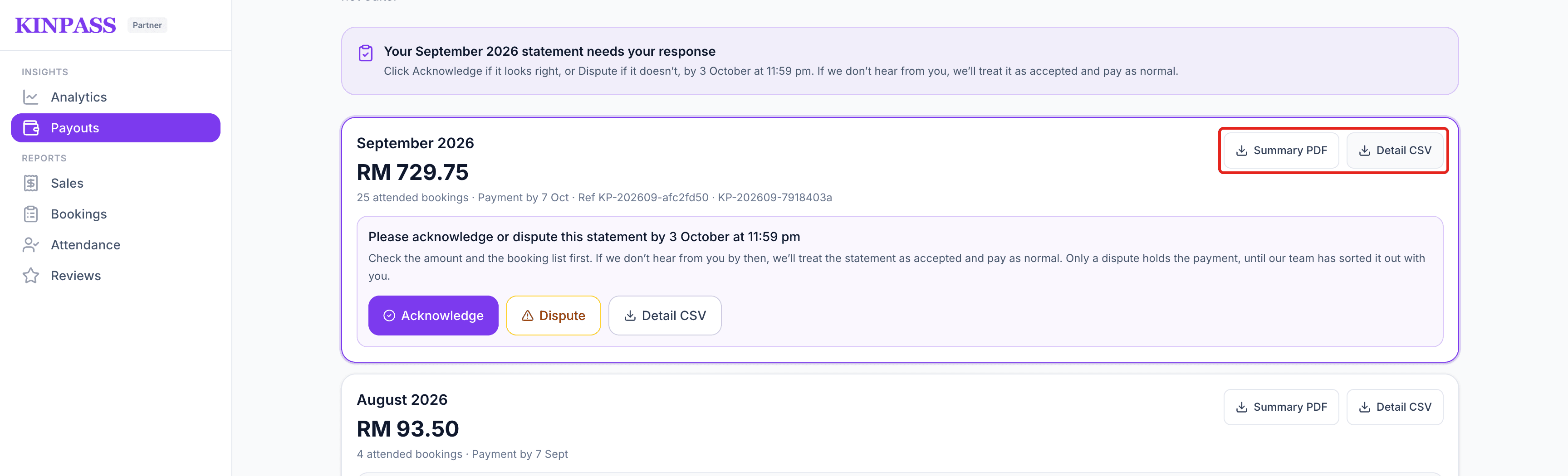 Statements page showing the September 2026 statement for RM 729.75 with Summary PDF and Detail CSV boxed in red