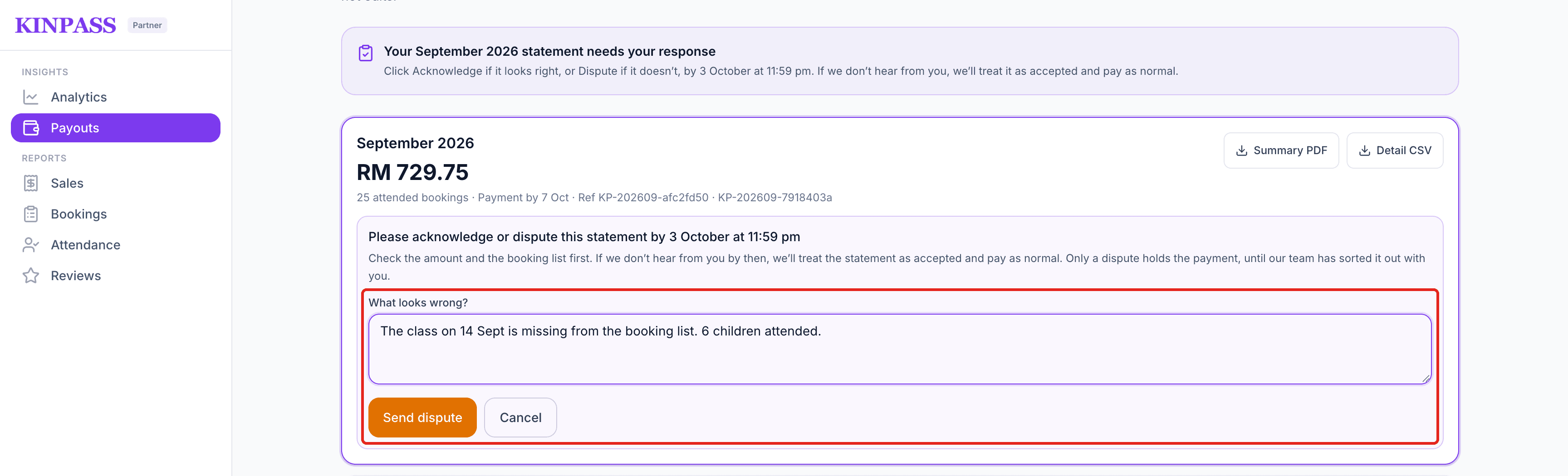 Dispute form with a What looks wrong? box, a sample reason, and the Send dispute and Cancel buttons boxed in red