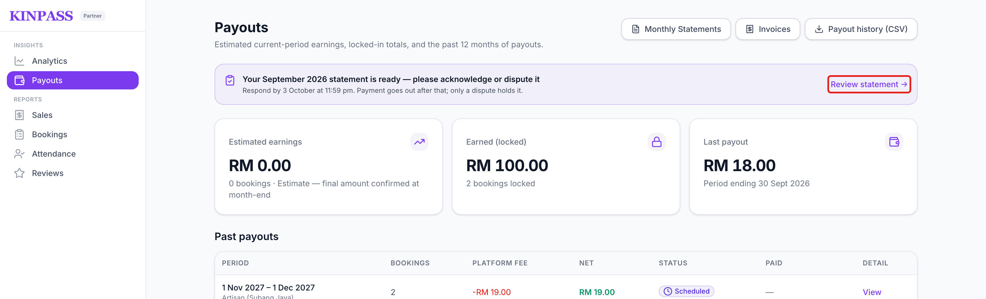 Payouts page with a banner saying the September statement is ready to acknowledge or dispute, and the Review statement link boxed in red