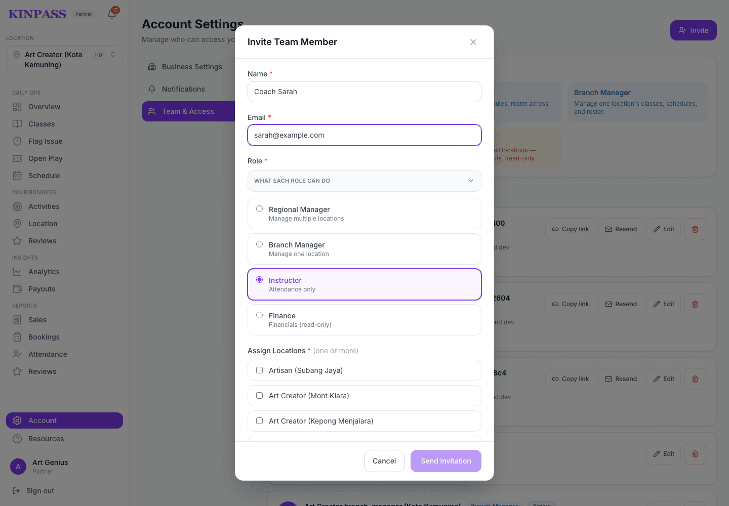 Invite Team Member modal with name and email fields filled in