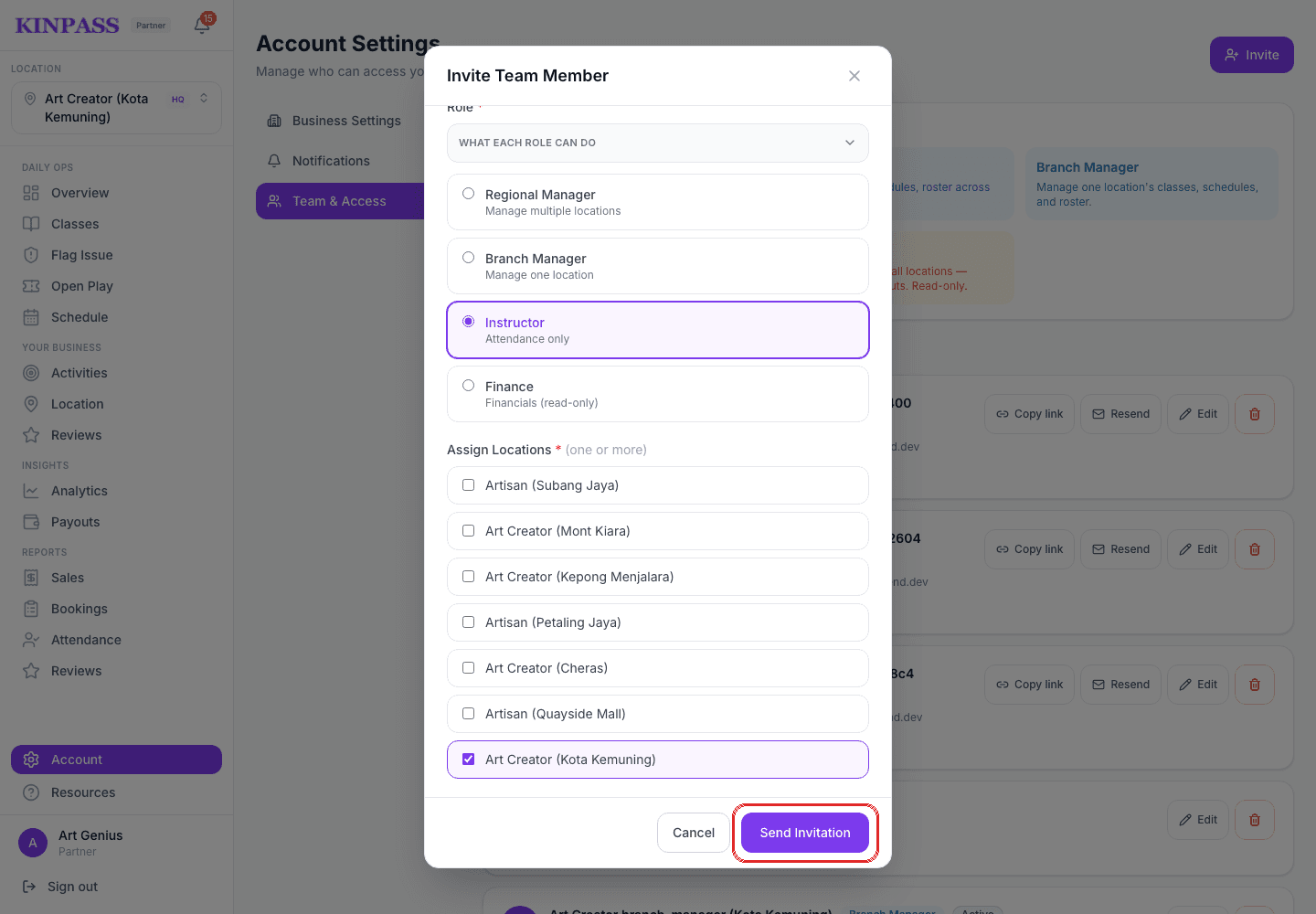 Invite Team Member modal showing role options and location checkboxes, with the Send Invitation button boxed in red