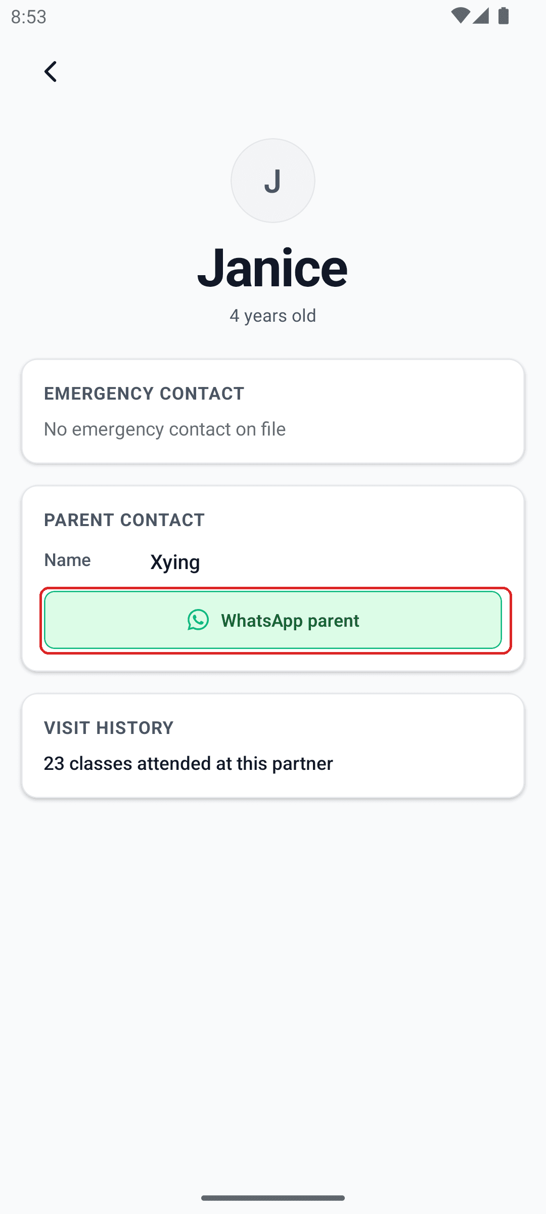 Child detail screen showing emergency contact, parent contact, and the WhatsApp parent button boxed in red