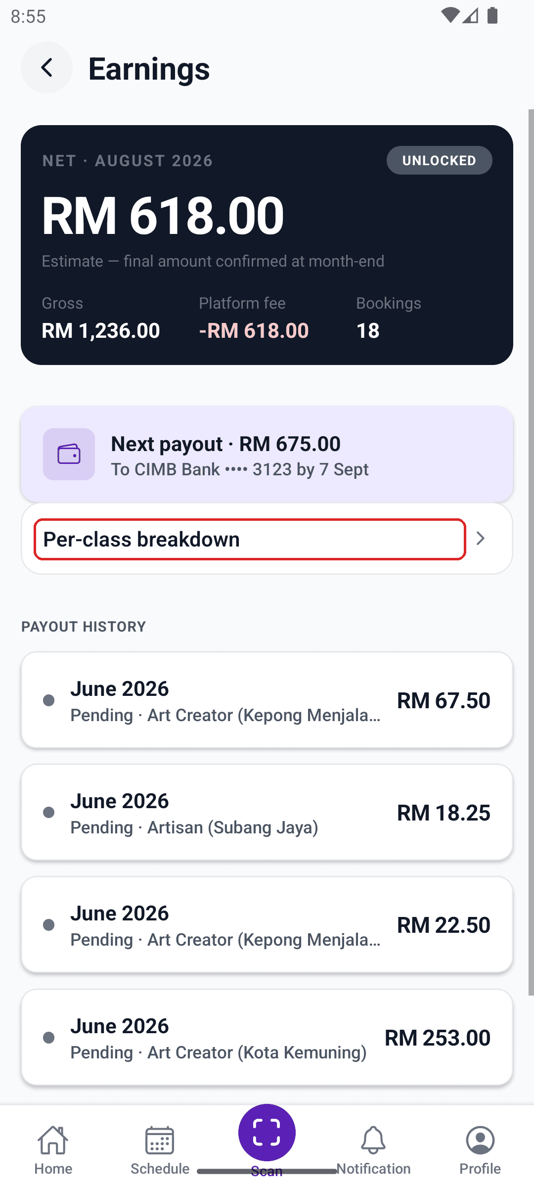 Earnings screen showing net payout, next payout date, and the Per-class breakdown row boxed in red