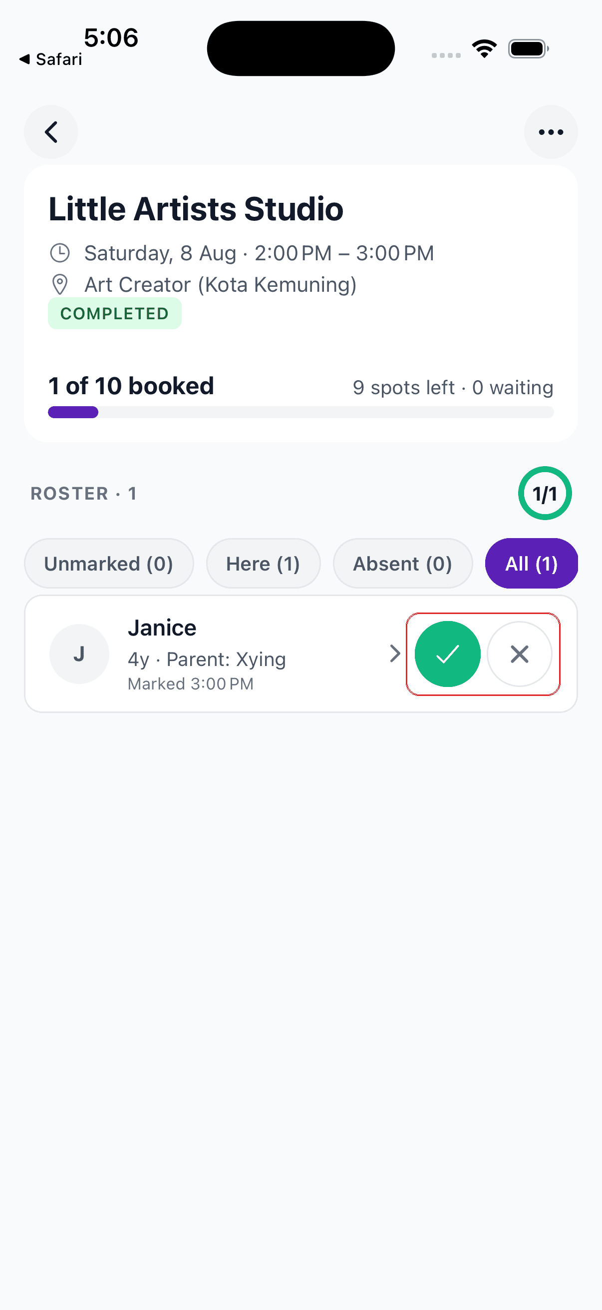 Class roster with a child's name and the attendance tick and cross buttons boxed in red