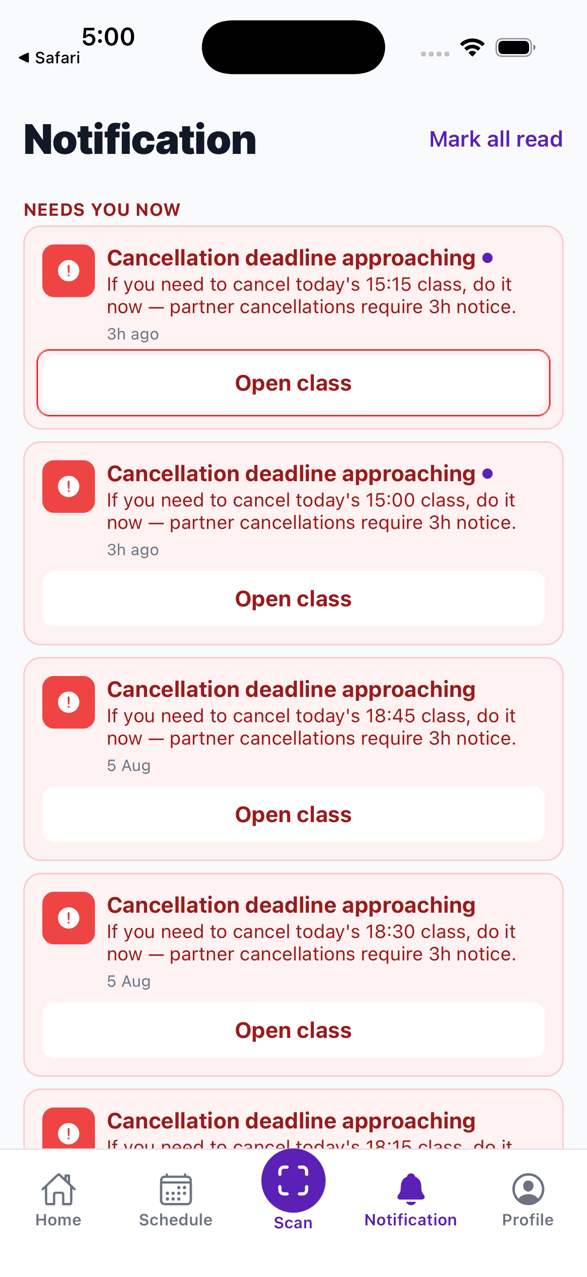 Notifications screen with a cancellation deadline alert and the Open class button boxed in red