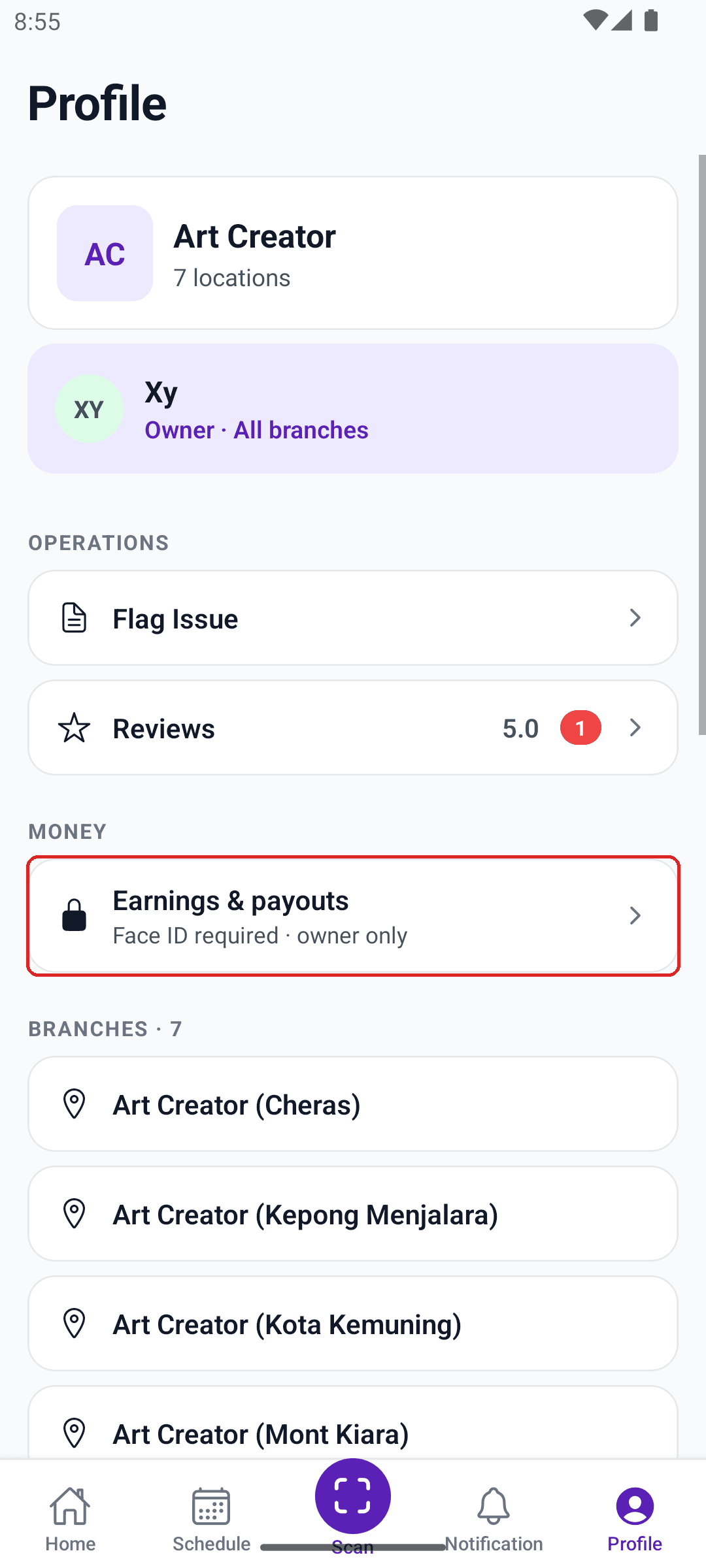 Profile screen with the Earnings and payouts row boxed in red