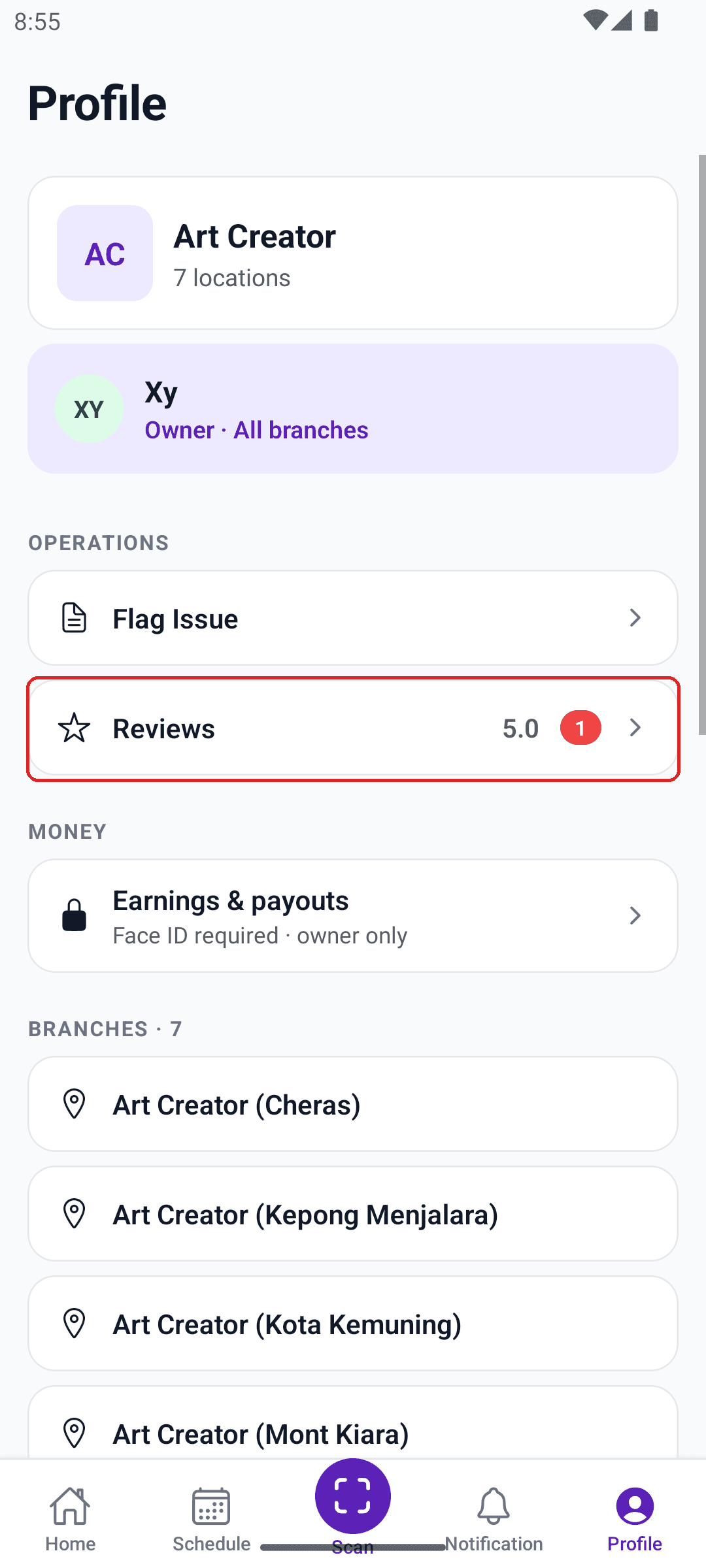 Profile screen with the Reviews row boxed in red
