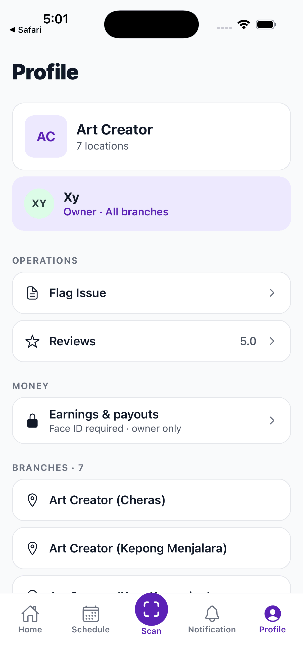 Profile screen listing branches, reviews, and account options