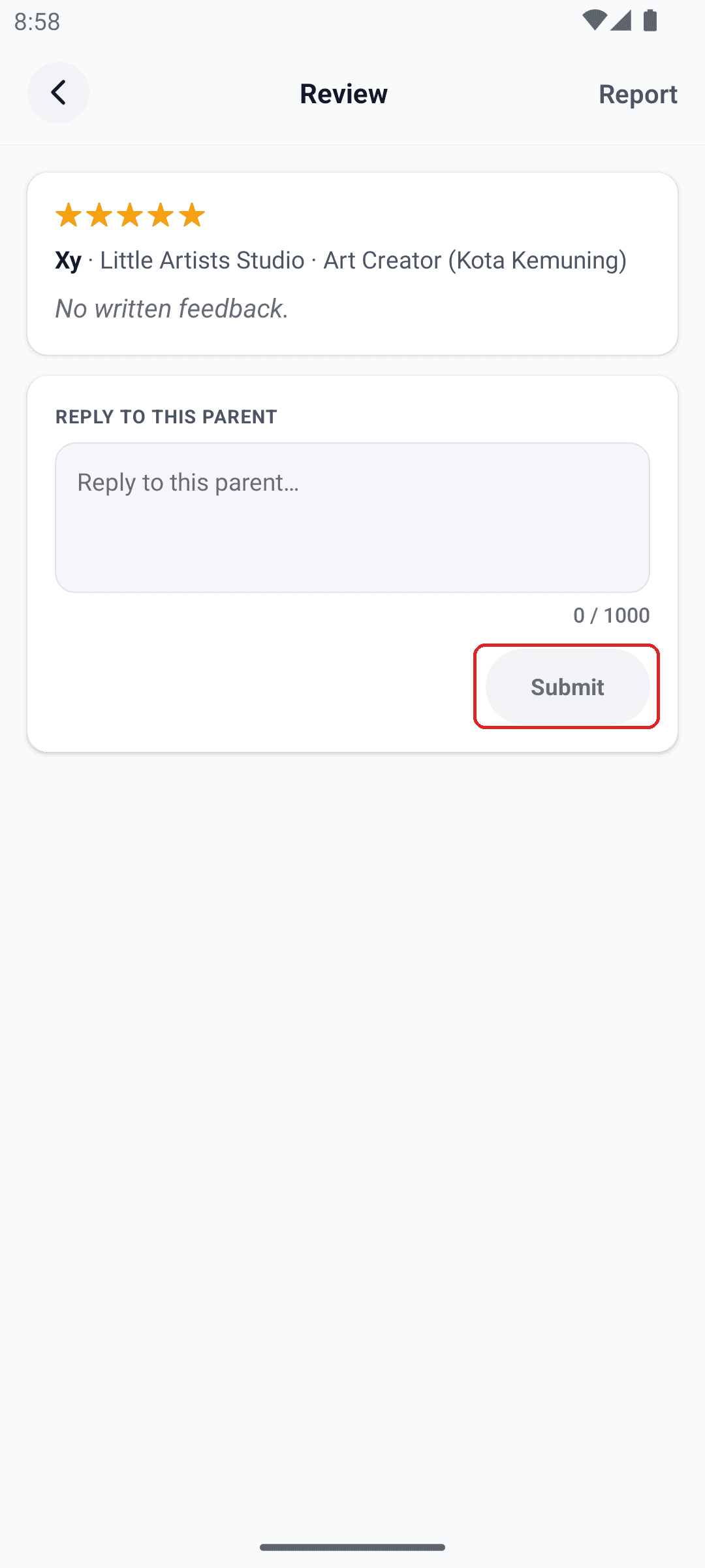 Review reply screen with a text field and the Submit button boxed in red