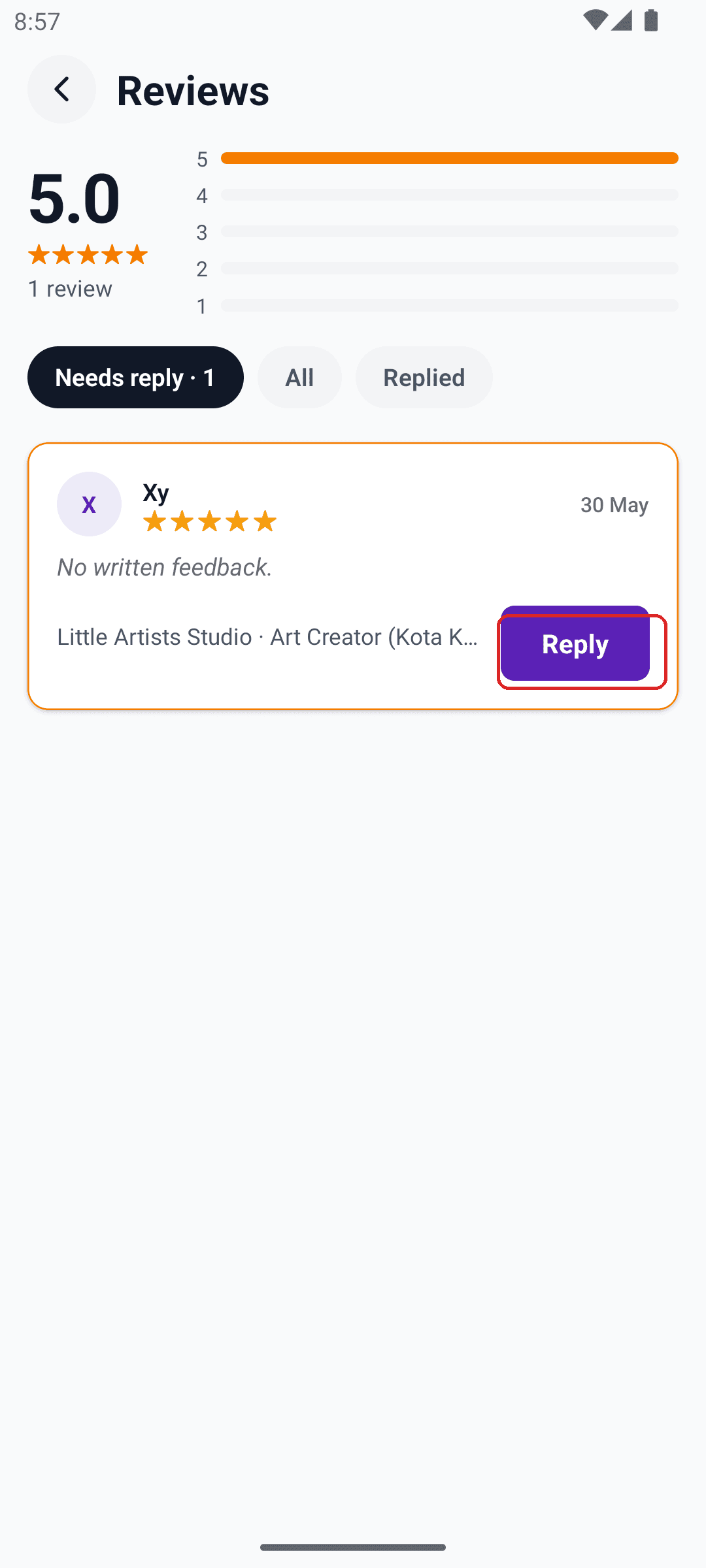 Reviews screen with a five-star review and the Reply button boxed in red