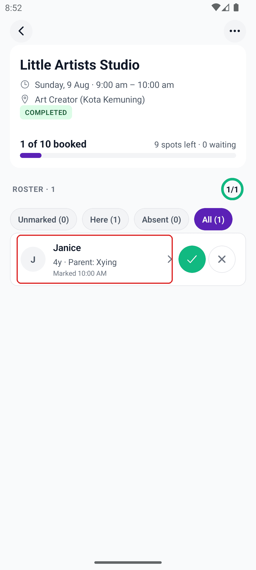 Class roster with a child's name and details boxed in red, separate from the attendance tick and cross buttons