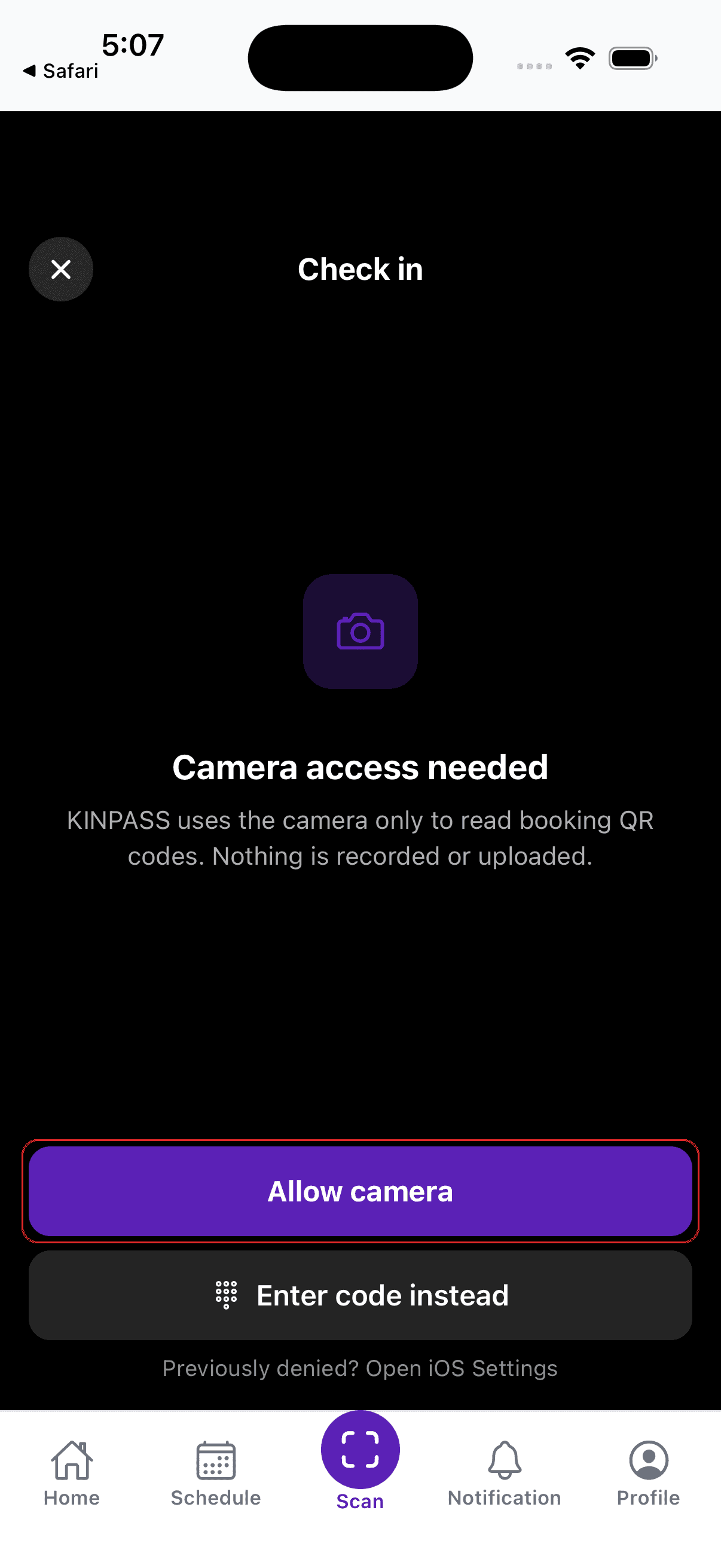 Scan tab asking for camera access, with the Allow camera button boxed in red