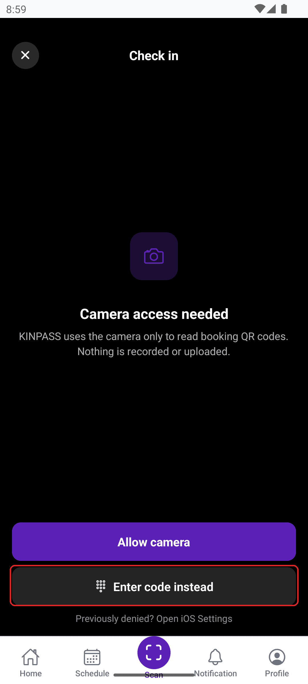 Camera screen with the Enter code instead button boxed in red