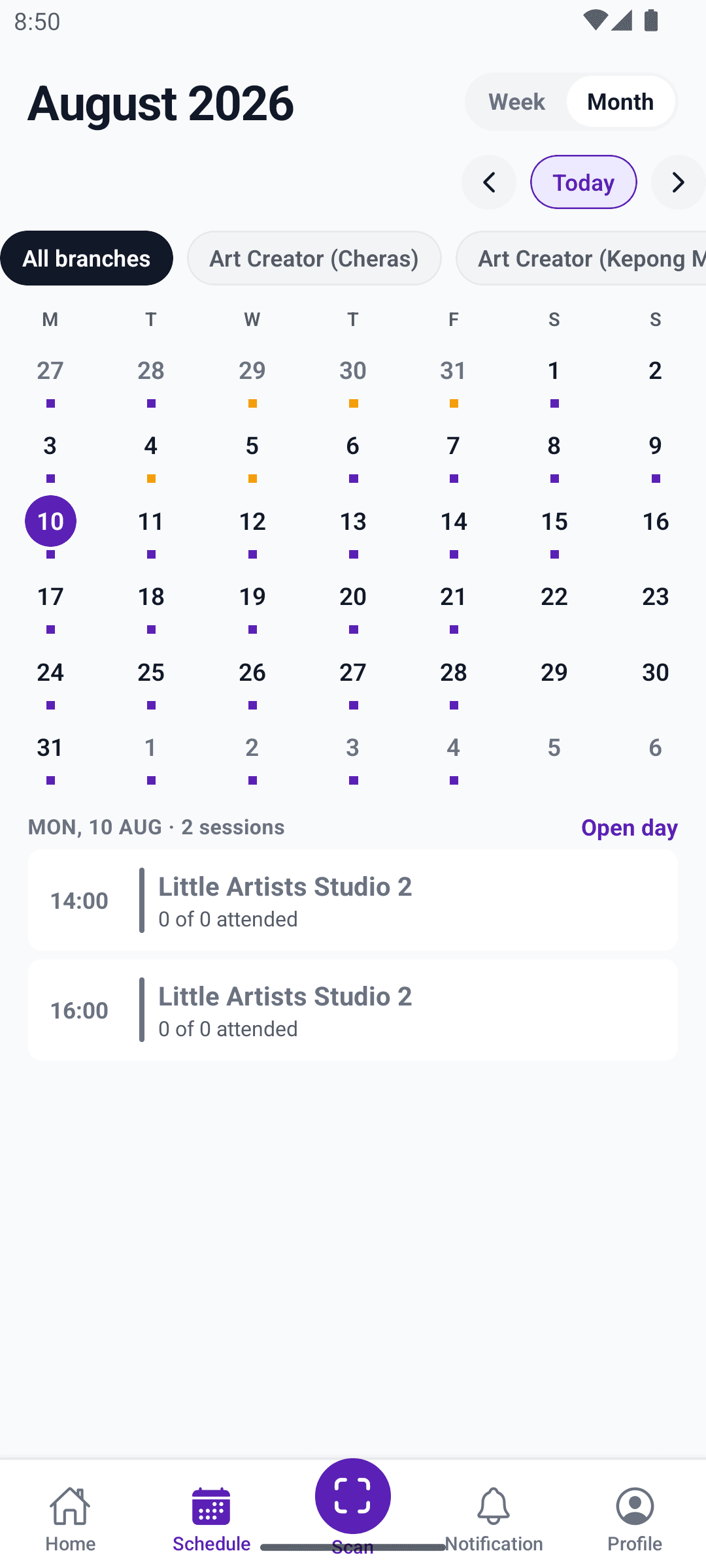 Schedule month view showing a calendar grid with dots marking days that have sessions