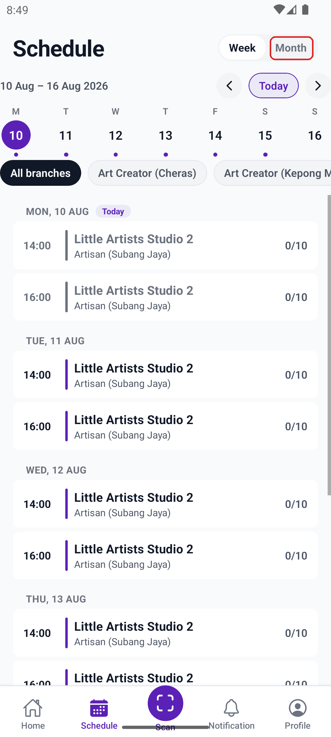 Schedule week view with the Month toggle boxed in red