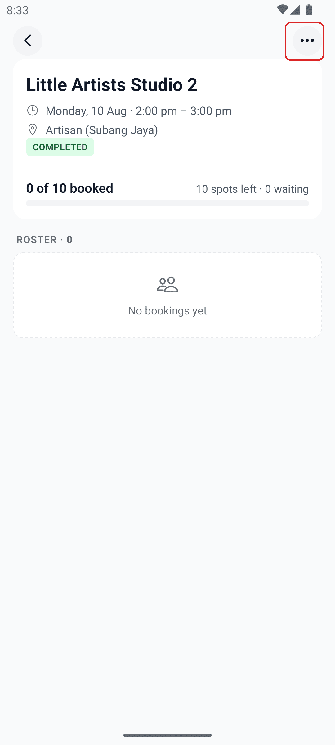 Session detail screen with the ⋯ menu button in the top-right corner boxed in red