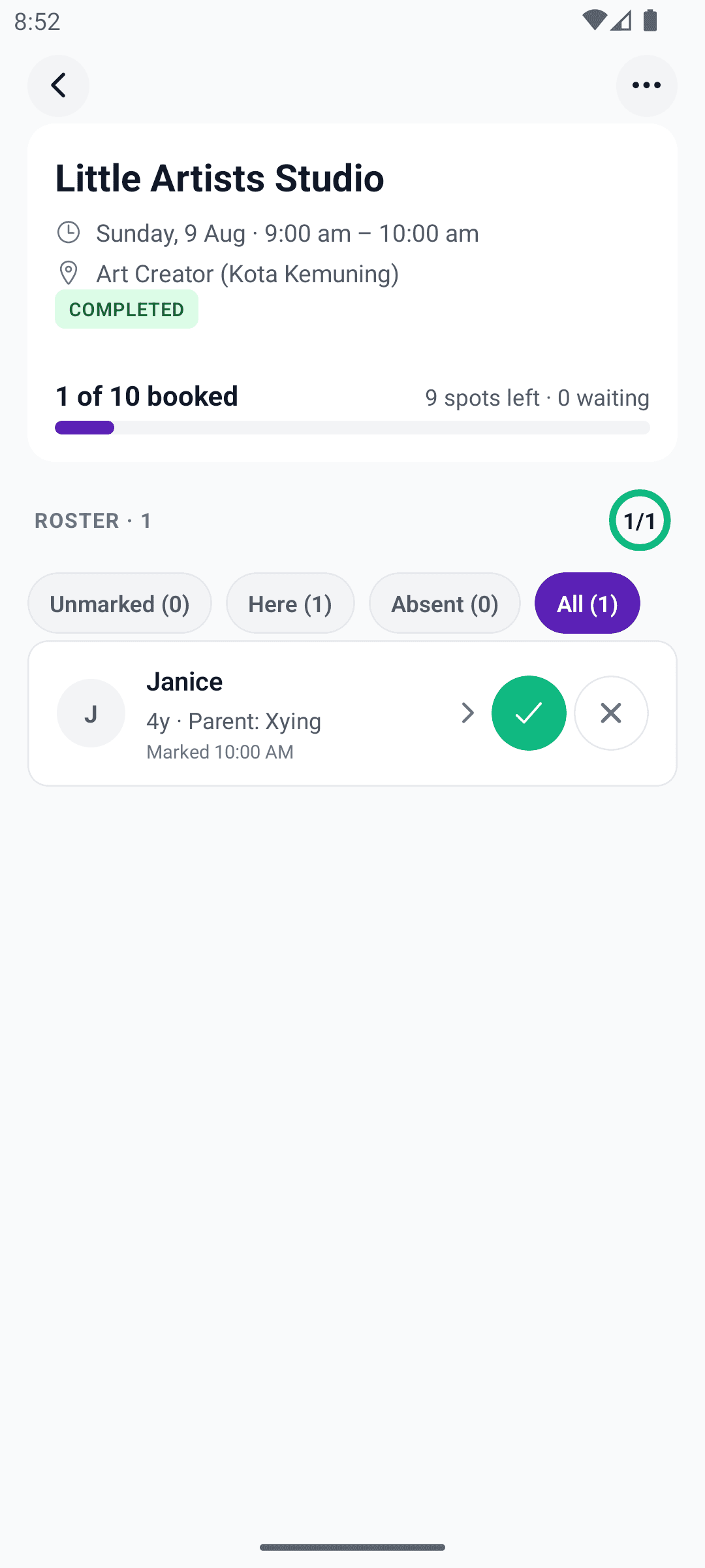 Session detail screen showing time, branch, spots booked, and the roster of children